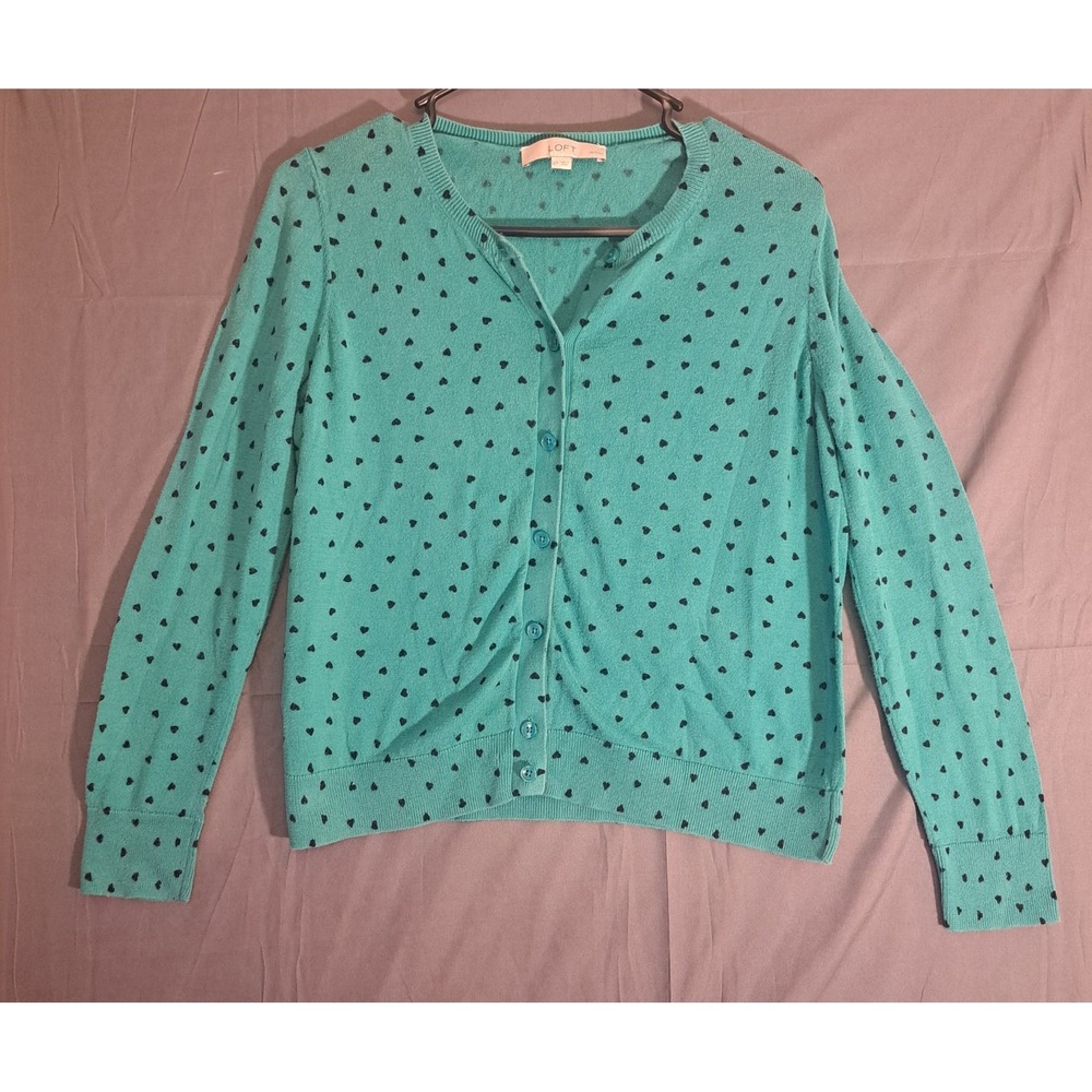 Ann Taylor Loft Long Sleeve Cardigan Sweater Women's Size‎ LP Green Black Hearts